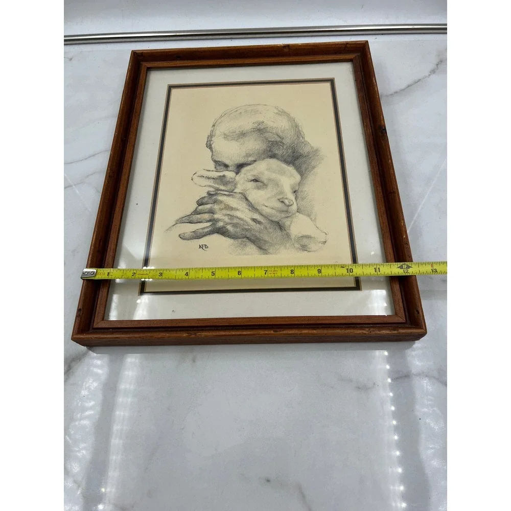 VTG Katherine Brown JESUS AND THE LAMB pencil sketch Framed